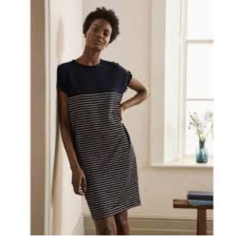 Boden Navy Blue/Metallic Gold Faye Striped Jersey T-Shirt Dress 16 / 18 L. Midi
